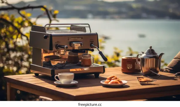 Espresso Machine, Cups, and Teapot on Wooden Table