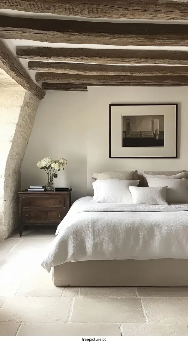 Elegant French Country Bedroom with Exposed Beams