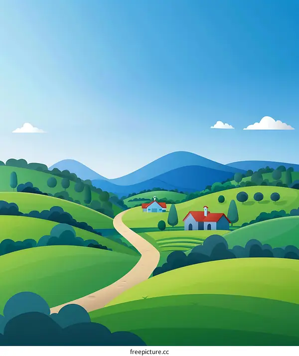 Cartoon Illustration of a Green Countryside Landscape with Blue Mountains