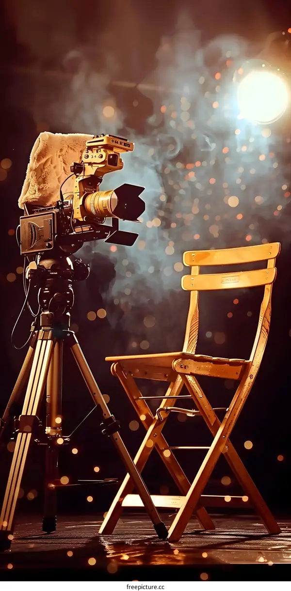 Professional Film Camera on Tripod with Director Chair and Bokeh Lights
