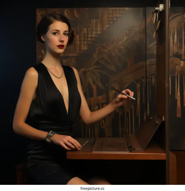 Elegant Lady in Black Drawing on Wood