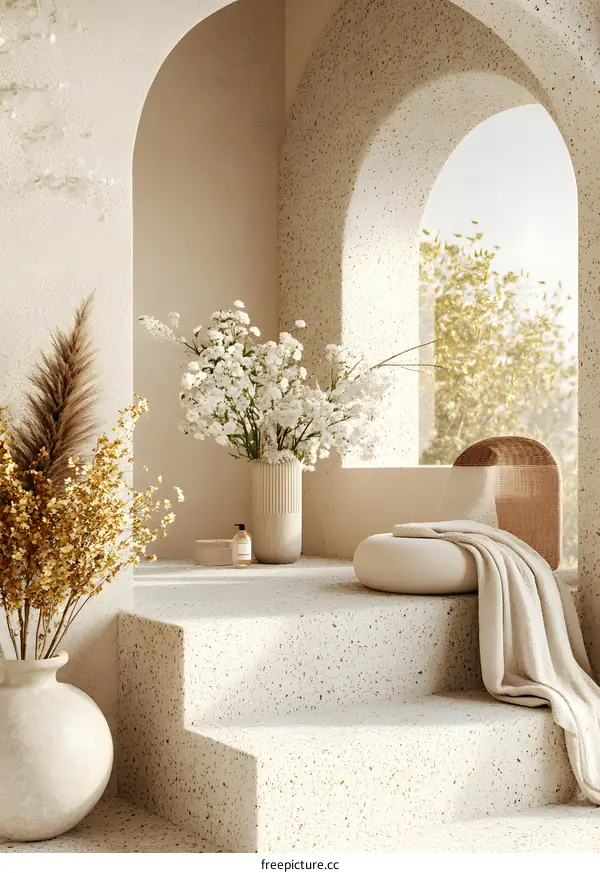 Minimalist Interior Design with White Flowers and Terrazzo