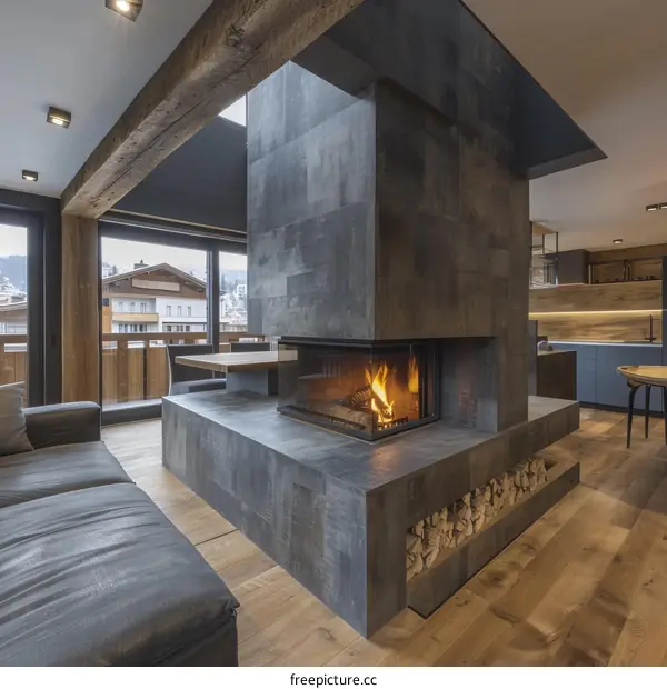 Modern house interior design with a large fireplace