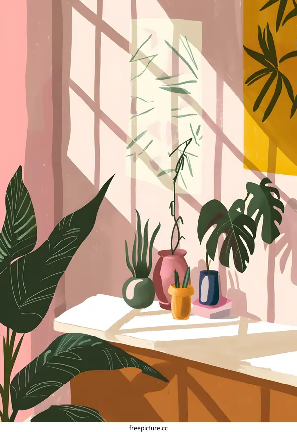 Sunlight Through Window with Plants and Potted Plants Illustration