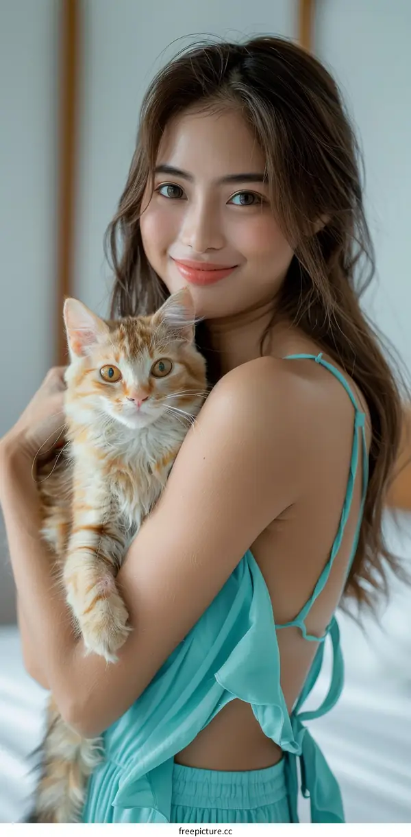 A young woman in a blue dress is holding an orange cat