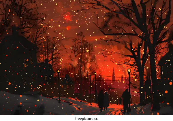 Winter Night Scene With People Walking Through Snowy Street