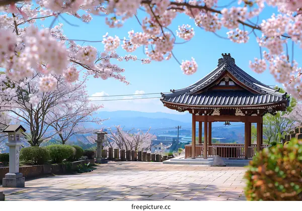Japanese Pagoda with Cherry Blossoms in Spring