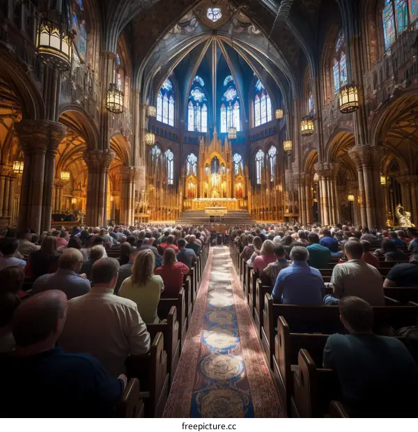 A large group of people are sitting in a church listening to a sermon