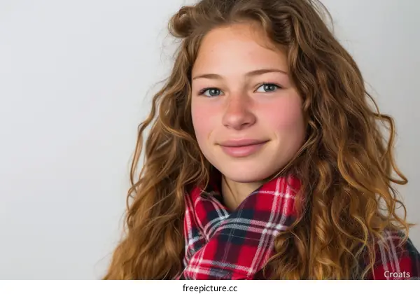 Portrait of a young woman with long red curly hair wearing a red and black plaid scarf