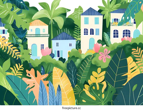 Colorful Tropical Houses Illustration with Lush Green Foliage