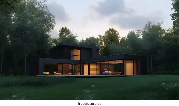 Modern Black House with Large Windows in the Woods