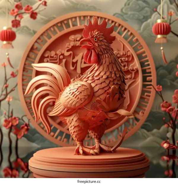 3D Rendered Rooster with Peach Blossoms and Chinese Calligraphy