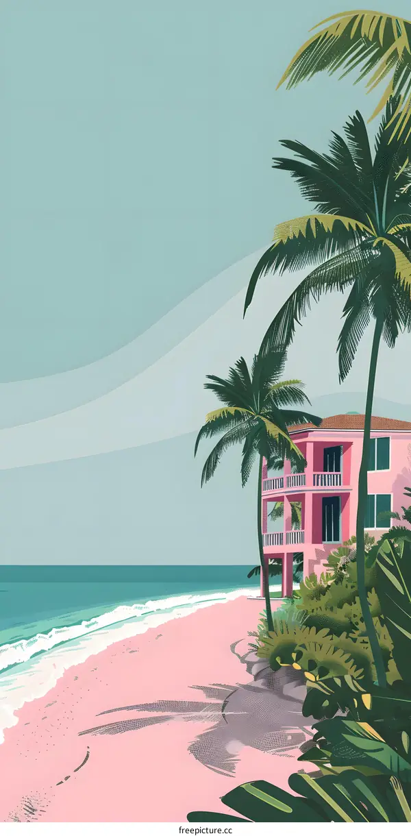 Tropical Beach House with Palm Trees