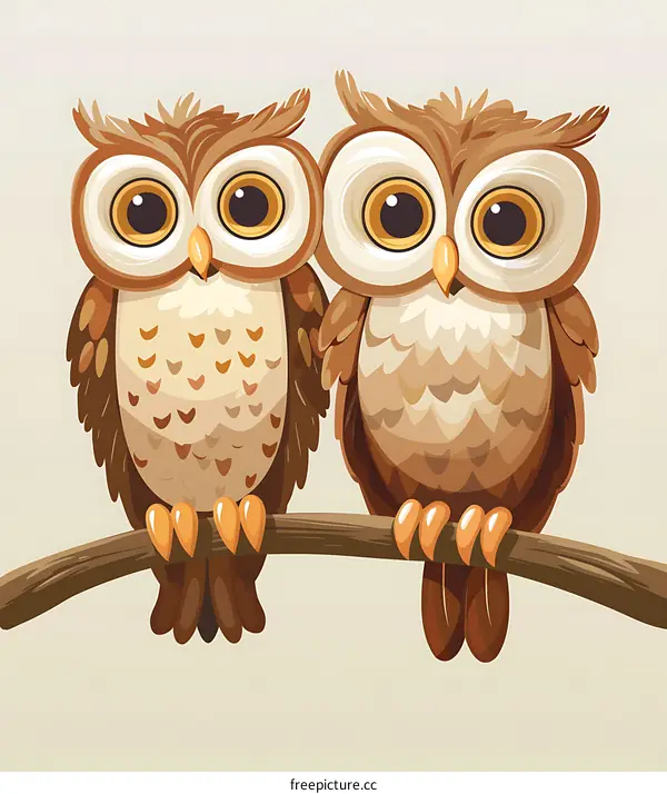 Two Cute Cartoon Owls Sitting On Branch