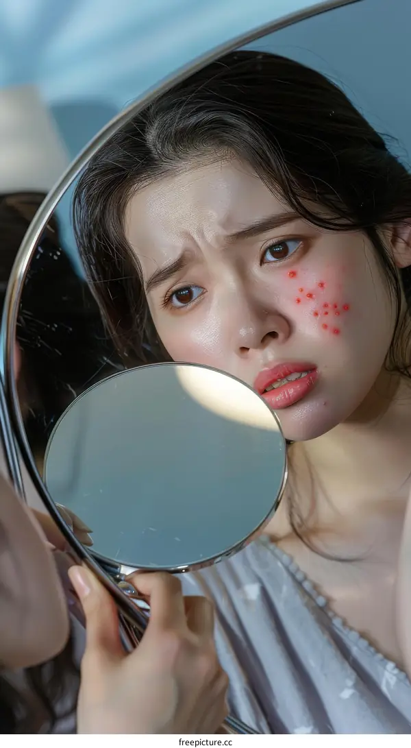 Asian woman looking at her acne in a mirror