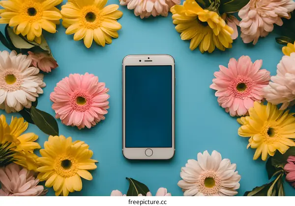 Flat Lay of Flowers and a White Smartphone on a Blue Background