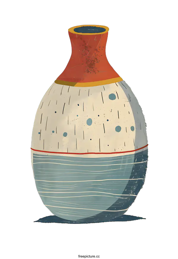 [Transparent Background PNG]Illustrated Vintage Pottery Vase With Blue, White, and Red Stripes