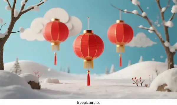 Three Red Lanterns in Snowy Winter Landscape with Clouds