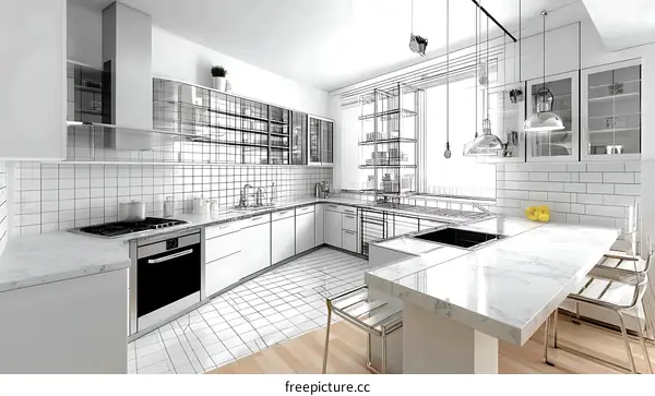 Modern Kitchen Design with Architectural Blueprint Overlay