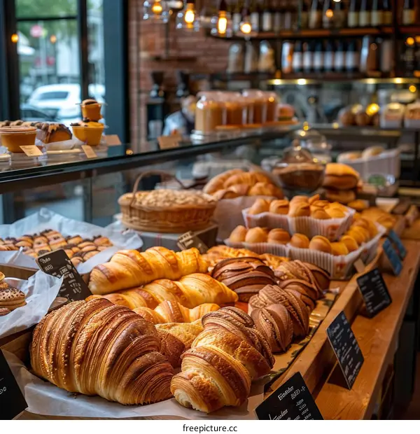 Freshly baked pastries and bread on display at a bakery
