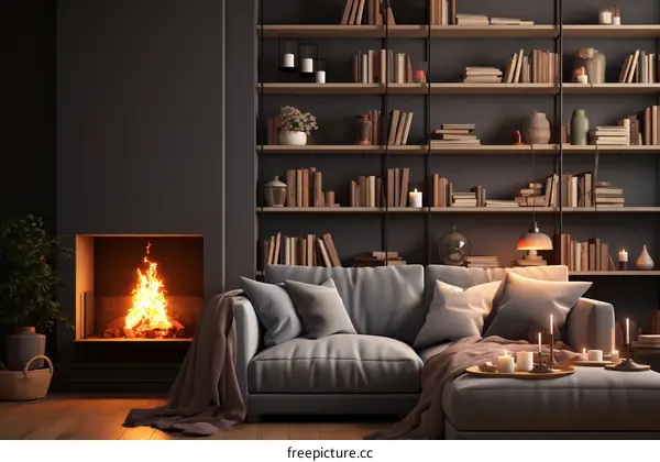 A cozy living room with a fireplace, bookshelves, and a gray sofa