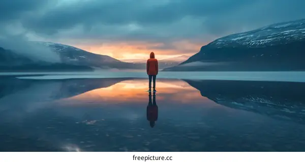 Man standing on a frozen lake with mountains in the background