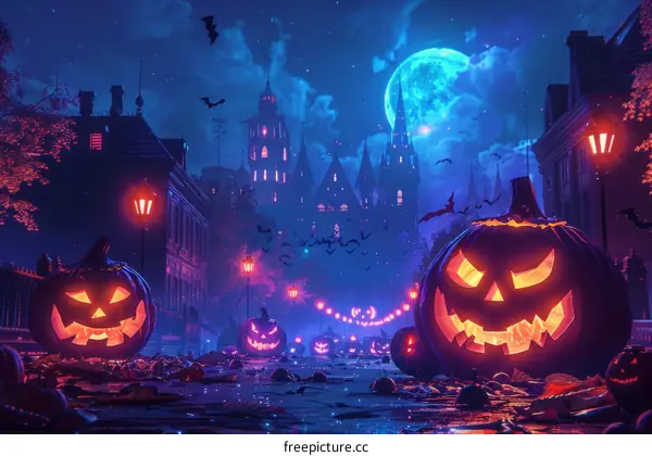 Spooky Halloween night with haunted castle and pumpkins