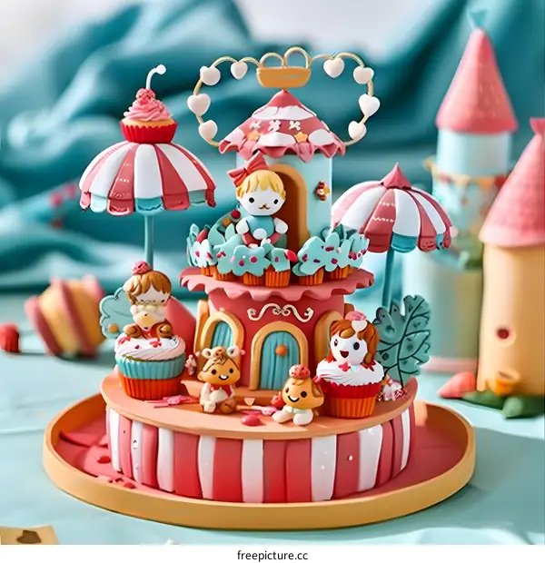 Cute Cartoon Cupcake House Cake Topper