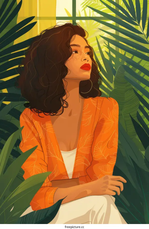 Curly Hair Woman in Orange Blazer near Plants