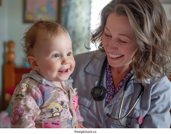 Pediatrician examining a smiling baby