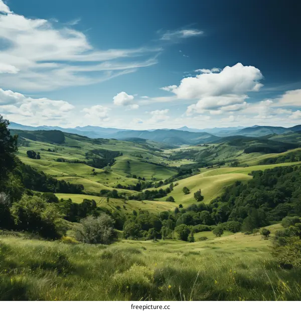Serene Green Rolling Hills with Blue Sky and White Clouds