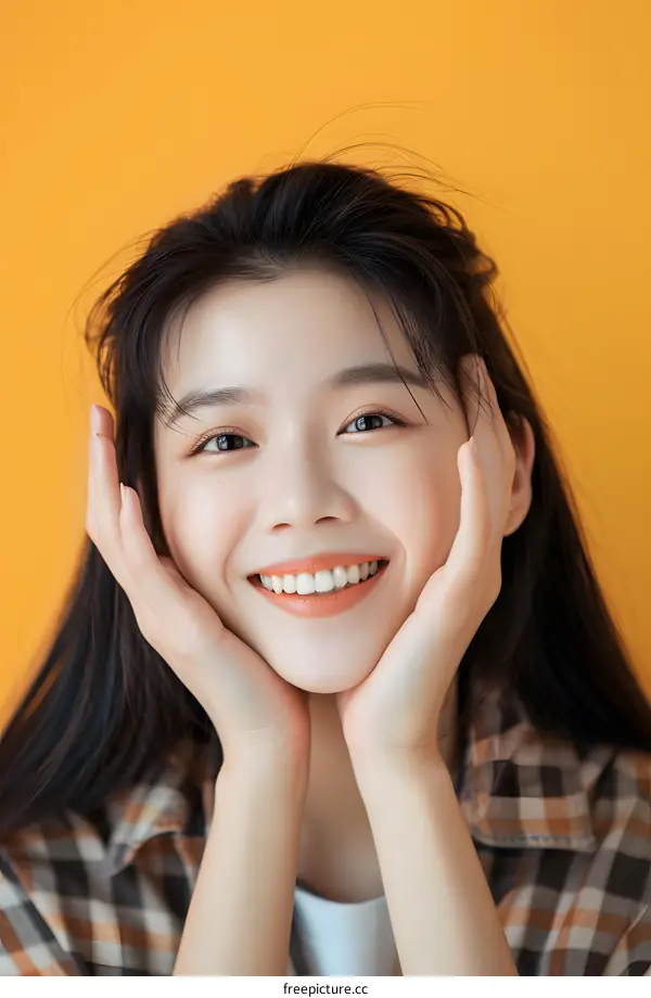 Smiling Asian Woman with Plaid Shirt on Yellow Background