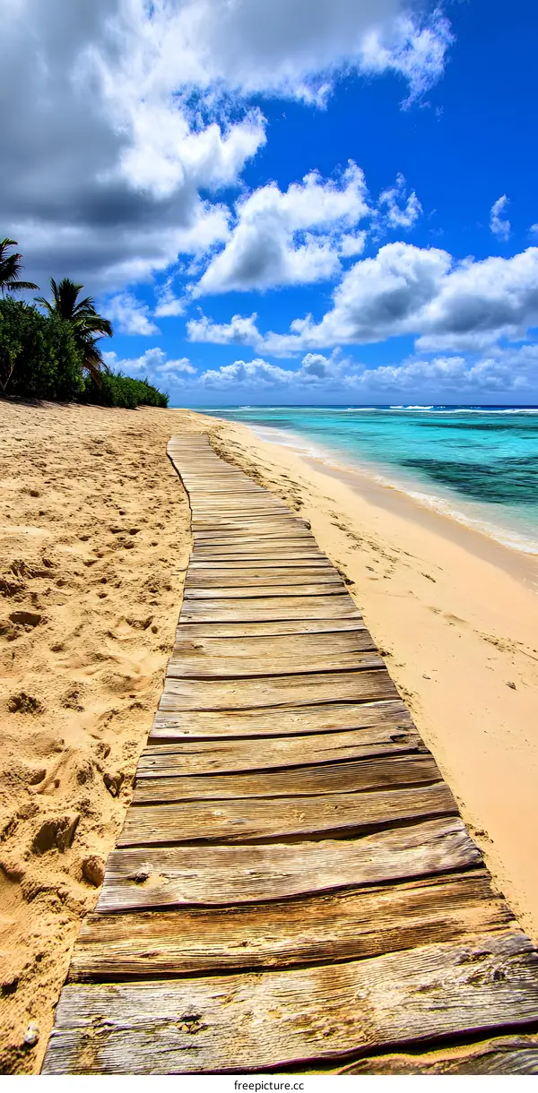 Wooden Walkway Leading to the Ocean on a Sunny Day
