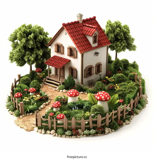 Small house in the middle of a garden full of flowers and mushrooms