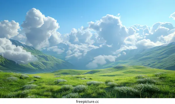 Rolling Green Hills and Blue Sky with White Clouds