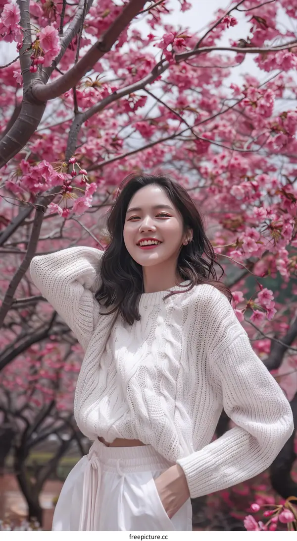 A young woman standing in a field of cherry blossoms