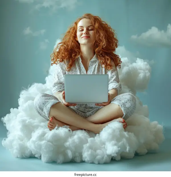 Redhead woman sitting on a cloud and using laptop