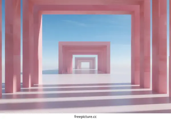 A Series of Pink Geometric Archways Leading to Distant Blue Sky