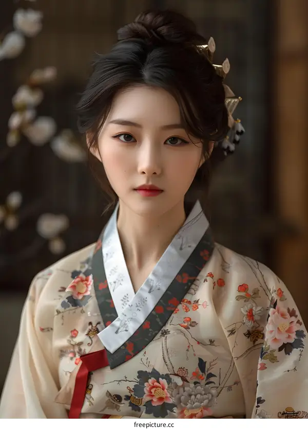 Portrait of a young woman in traditional Korean dress, or Hanbok
