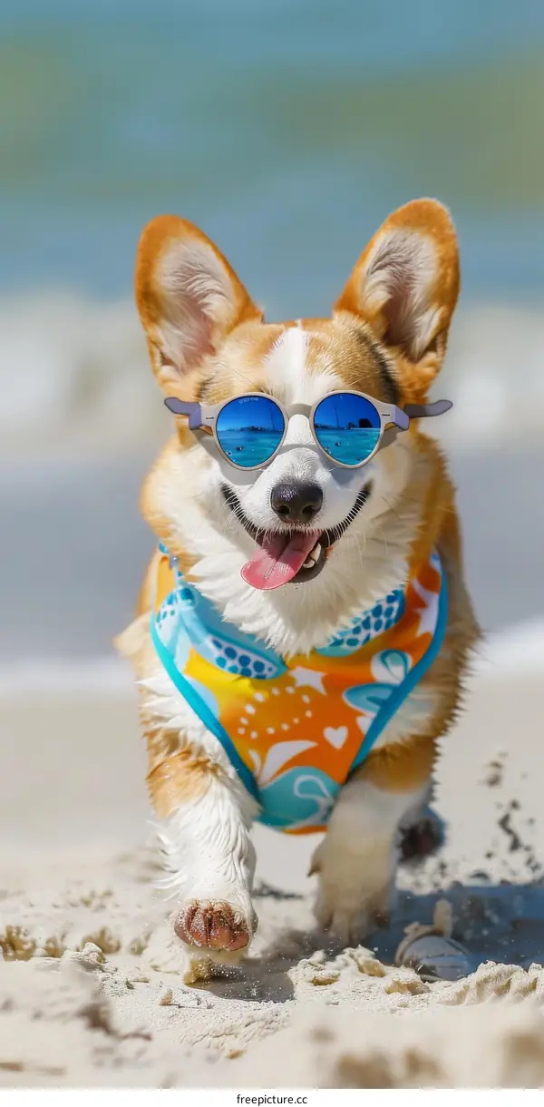 A happy corgi wearing sunglasses is running on the beach