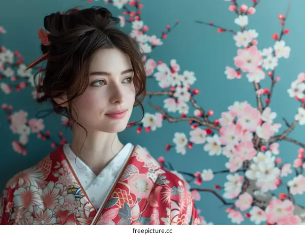 Portrait of a beautiful young woman in a kimono with a floral pattern