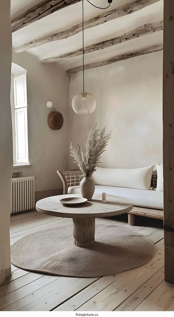 Modern Minimalist Living Room Decor with Neutral Colors and Wooden Beams