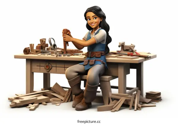A female carpenter is working on a wooden project in her workshop