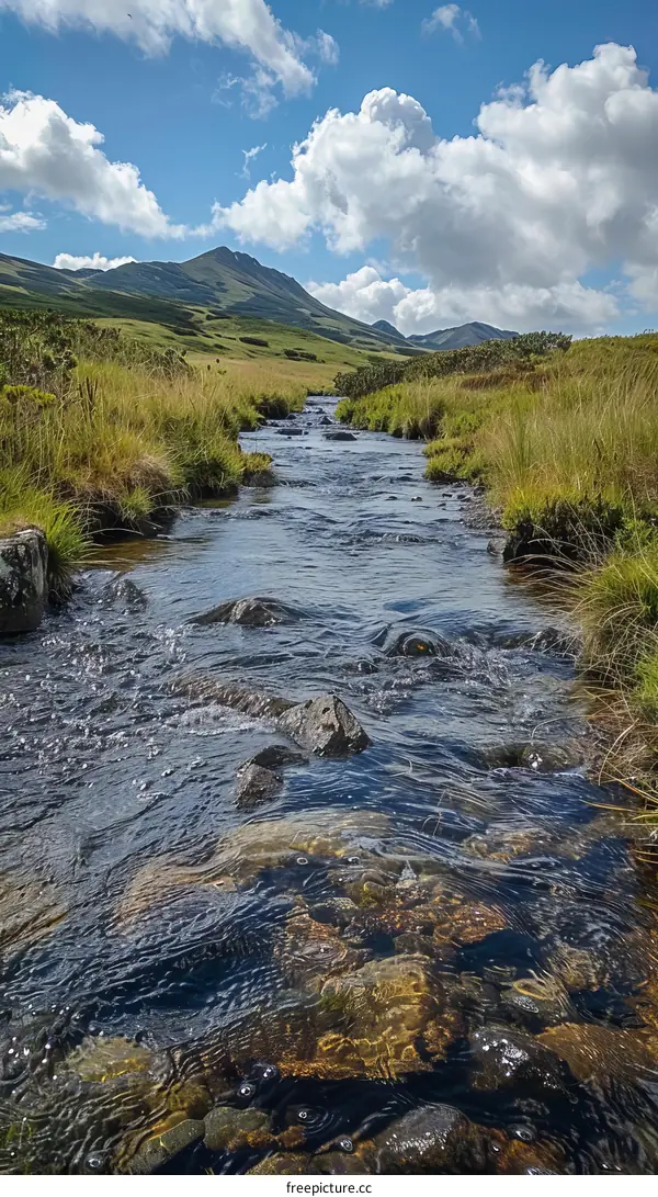 Serene Mountain Stream Flowing Through a Lush Valley