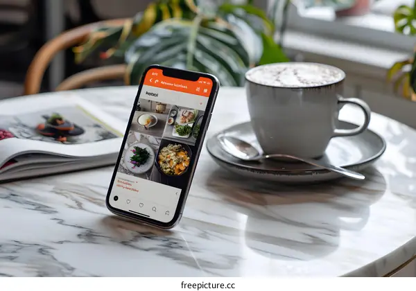 Food Photography on Smartphone Screen With Coffee and Magazine on Marble Table