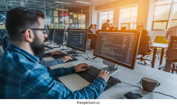 Male software engineers working on a project in an office