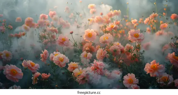 Dreamy Pink Cosmos Flowers in a Foggy Field