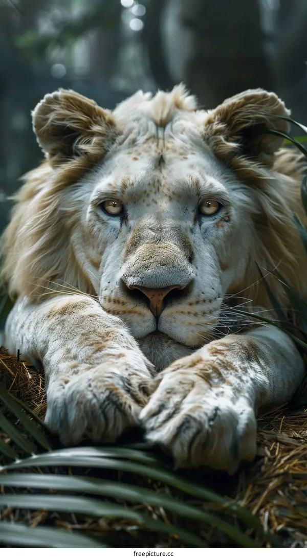 Close-up of a majestic white lion staring at the camera