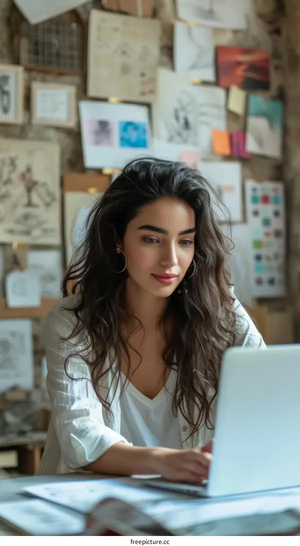 Young middle eastern woman working on laptop in home office