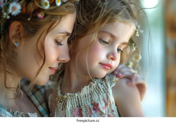 Mother and daughter with flowers in their hair
